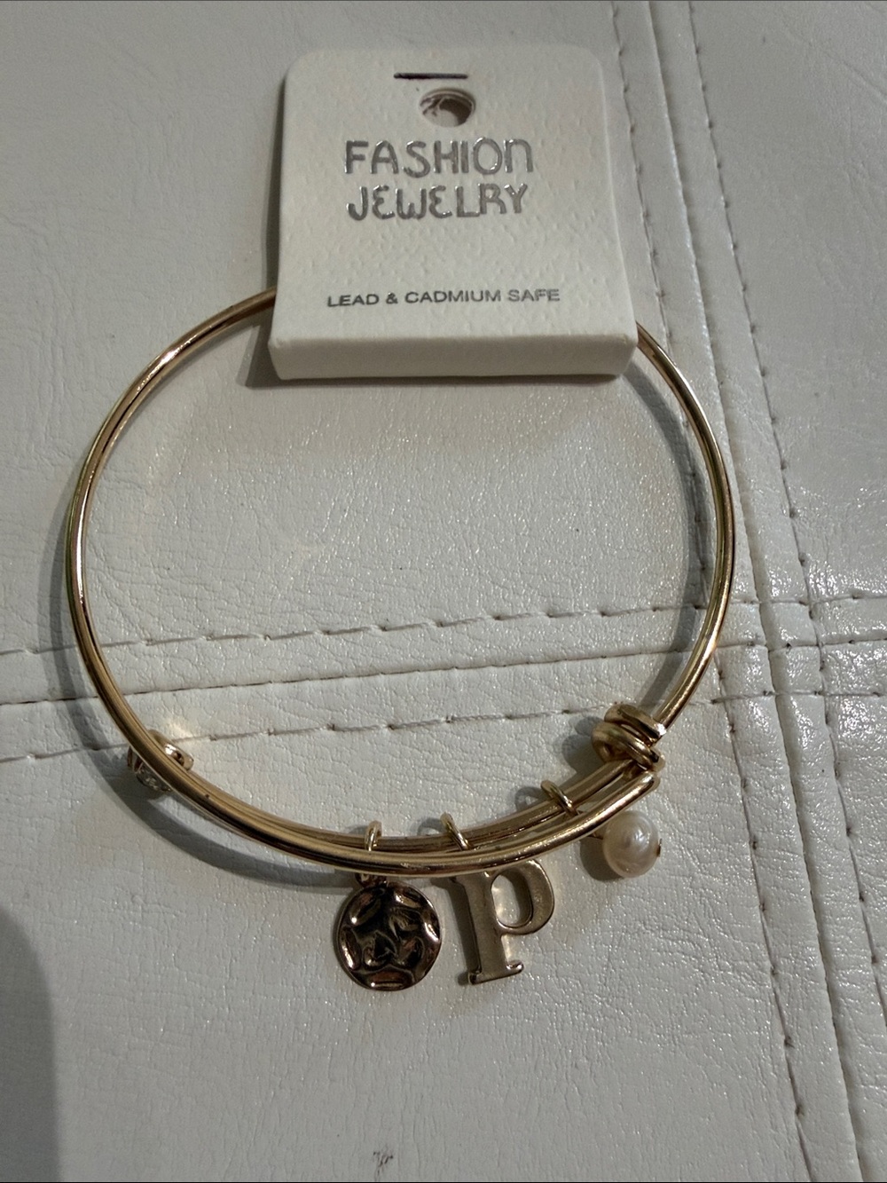 Fashion Jewelry Gold Initial P Charm & Pearl Bangle Bracelet